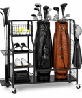 Heavy Duty Golf Bag Storage Rack For Two Bags With Shelves And Accessory Holders, Free Standing Golf Club Organizer, Black