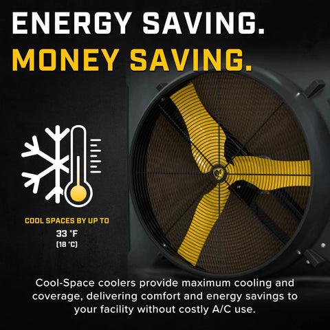 Heavy Duty Portable Swamp Cooler With Killer 36 Inch Fan And 46 Gallon Tank showing a large fan with yellow blades for cooling spaces.