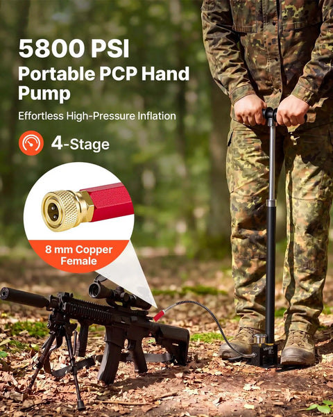 Person using 4-Stage High-Pressure PCP Hand Pump For Air Rifles, Paintball, And Tires, 5800 PSI in outdoor setting