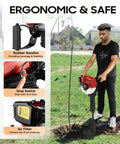 Man using Gas Powered Garden Excavator With Wide Shovel 52cc 2 Stroke Earth Auger for drilling and tree transplanting.