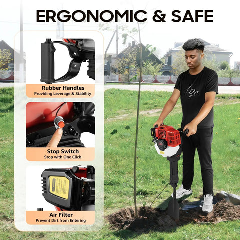 Man using Gas Powered Garden Excavator With Wide Shovel 52cc 2 Stroke Earth Auger for drilling and tree transplanting.