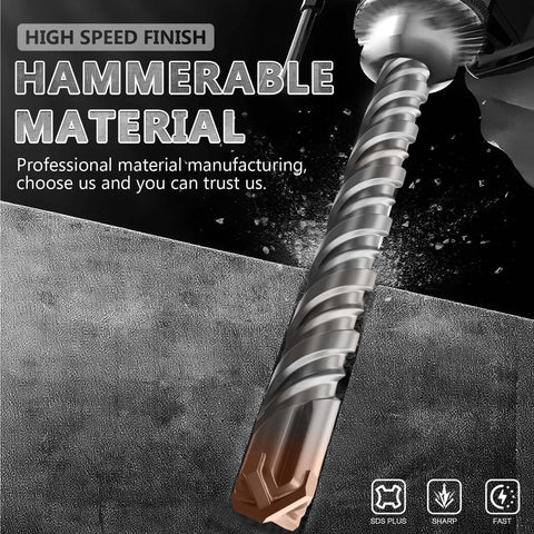 Close-up of SDS-Plus rotary hammer drill bit, 1-1/2in by 18in, coated head with 4 carbide cutting edges