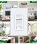 6 Pack Ultra Slim Dimmer Light Switch For LED CFL And Incandescent Lights Easy Install 15A 120V 60Hz Single Pole Or 3 Way 300W LED CFL 600W Incandescent ETL Listed White Slide Dimmer shown in living room, bedroom, kitchen, corridor