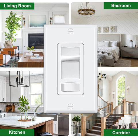 6 Pack Ultra Slim Dimmer Light Switch For LED CFL And Incandescent Lights Easy Install 15A 120V 60Hz Single Pole Or 3 Way 300W LED CFL 600W Incandescent ETL Listed White Slide Dimmer shown in living room, bedroom, kitchen, corridor