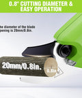 Close-up of Cordless Electric Pruning Shears 7.2V Battery Powered Pruner cutting 0.8 inch diameter branch