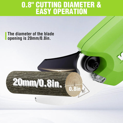 Close-up of Cordless Electric Pruning Shears 7.2V Battery Powered Pruner cutting 0.8 inch diameter branch