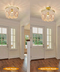 Flush and semi flush mount Boho Wood Beaded Chandelier Light Fixture in gold and oak finish, shown in entryway setting.