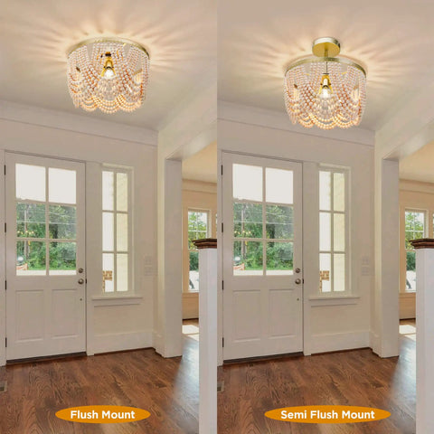 Flush and semi flush mount Boho Wood Beaded Chandelier Light Fixture in gold and oak finish, shown in entryway setting.