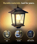 Two Pack Solar Wall Lanterns Outdoor Hanging Lights With Four Solar Panels Dusk To Dawn Led Sconces Anti Rust Waterproof With Hooks 3000K Warm White For Patio Porch Deck showing materials and design details