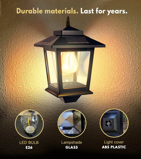 Two Pack Solar Wall Lanterns Outdoor Hanging Lights With Four Solar Panels Dusk To Dawn Led Sconces Anti Rust Waterproof With Hooks 3000K Warm White For Patio Porch Deck showing materials and design details