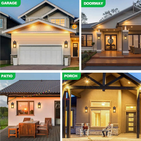 Two Pack Motion Sensor Wall Lights Dusk To Dawn Outdoor Wall Mount Oil Rubbed Bronze Front Porch Light LED Exterior Lantern Fixtures Wall Sconce With Low Idle Brightness And Full Brightness After Motion installed on garage, doorway, patio, and porch.