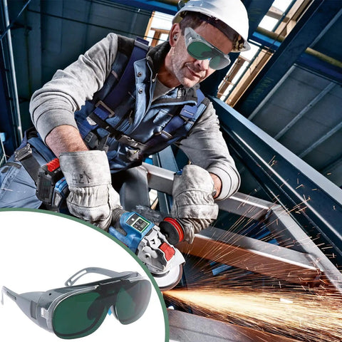 Heavy Duty Welding Safety Glasses With Wrap Around Anti Glare Arc Lens And Comfortable Ergonomic Eye Protection Goggles in use during grinding.