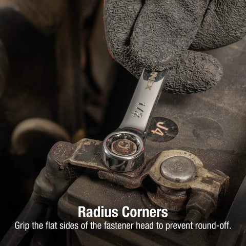 Mechanic using SAE Stubby Wrench Set 3/8 To 15/16 Inch, 11-Piece, Compact, 15-Degree Box End Offset, Radius Corner Design on engine