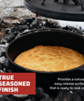 Preseasoned 10 Inch Cast Iron Dutch Oven with Lid baking bread on coals. Heavy duty camp pot, 4 Qt, flanged lid, loop handle, black.