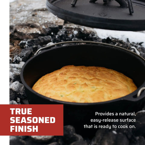 Preseasoned 10 Inch Cast Iron Dutch Oven with Lid baking bread on coals. Heavy duty camp pot, 4 Qt, flanged lid, loop handle, black.