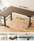 Agilestic L-Shape Standing Desk 63 Inch Electric Height Adjustable Sit Stand Corner Computer Table With Splice Board Dark Walnut, dimensions shown.