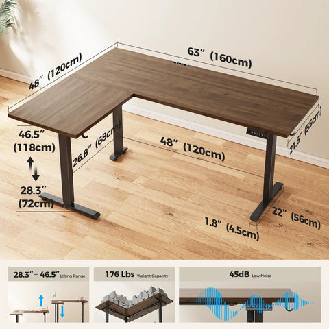 Agilestic L-Shape Standing Desk 63 Inch Electric Height Adjustable Sit Stand Corner Computer Table With Splice Board Dark Walnut, dimensions shown.