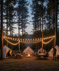 Outdoor String Lights 200 Ft Connectable G40 LED Bulbs 104 Count illuminating a campsite with tents and people gathering at night.