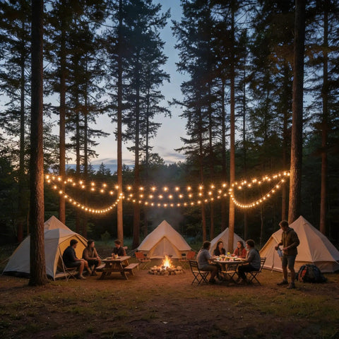 Outdoor String Lights 200 Ft Connectable G40 LED Bulbs 104 Count illuminating a campsite with tents and people gathering at night.