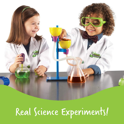 Kids conducting experiments with Primary Science Deluxe Lab Kit For Kids 45 Piece Preschool STEM Toys Set With Experiments For Curious Kids Hands On Science Fun That Builds Problem Solving Fine Motor Skills And Big Imagination.