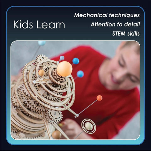 Child assembling DIY Solar System Wood Puzzle Kit for Teens and Adults, showing intricate gears and orbits, STEM learning in action.