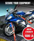 Heavy Duty Ratchet Tie Down Straps Set, 1500 Lb Break Strength, 1 Inch By 15 Foot cargo straps securing a blue motorcycle in a truck bed.