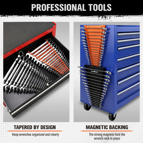 Two Piece Magnetic Wrench Organizer With 32 Slots For Toolboxes, Drawers And Garage, Keeps SAE Quarter Inch To One And One Sixteenth Inch And Metric Six To Twenty Four Millimeter Wrenches Neatly Stored, Black And Orange, 11 Pound Capacity.