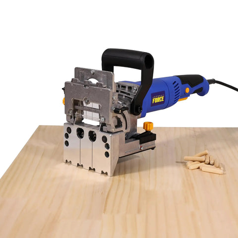 Pro Shop Grade Dual Spindle Dowel Jointer Woodworking Tool with drill heads on wood surface for joinery projects.