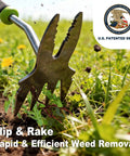 Two-In-One Hand Weeder Tool With Dual Four-Tooth And Two-Tooth Heads, removing weeds from a garden lawn.