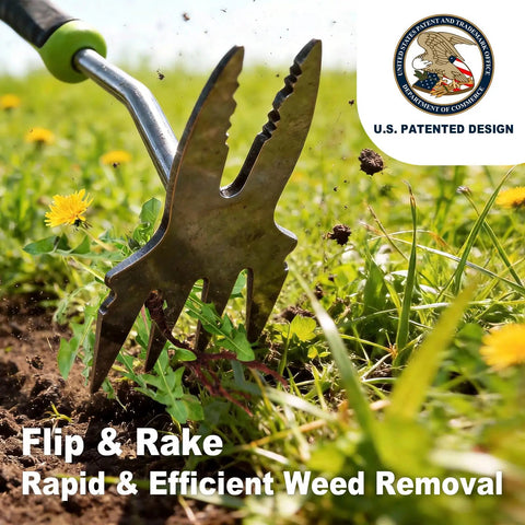 Two-In-One Hand Weeder Tool With Dual Four-Tooth And Two-Tooth Heads, removing weeds from a garden lawn.