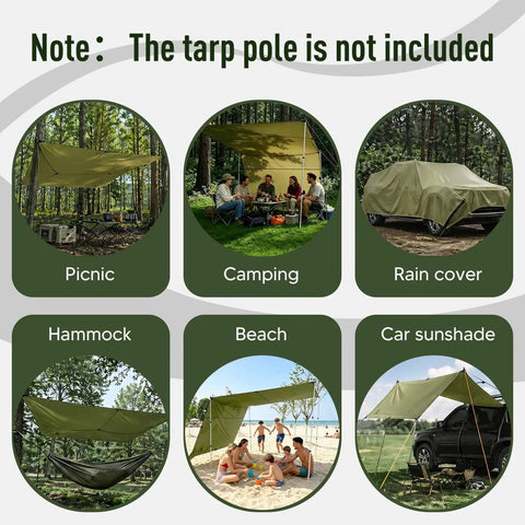 17x10 Ft Heavy Duty Camping Tarp Rain Fly With PU6000mm Waterproof Coating in various outdoor settings.