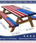 Flag Themed Picnic Table Cover With Bench Covers Set Wood Grain Look Waterproof Windproof No Hassle Outdoor Tablecloth Fitted For 72 Inch Tables And 12 Inch Benches Three Piece Kit Red, showing dimensions and flag design on picnic table and benches.