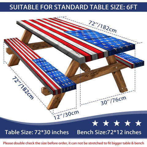Flag Themed Picnic Table Cover With Bench Covers Set Wood Grain Look Waterproof Windproof No Hassle Outdoor Tablecloth Fitted For 72 Inch Tables And 12 Inch Benches Three Piece Kit Red, showing dimensions and flag design on picnic table and benches.