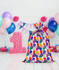 Massive 56 Inch Birthday Gift Bag With Colorful Balloons And Confetti Design set among party decorations, waterproof plastic