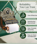 Antique Brass Wall Mount Toilet Paper Holder With Lid 6.9 Inch Wide Victorian Style Rust Resistant Solid Brass Bathroom Sanitary Paper Roll Holder Storage mounted on green tiles.