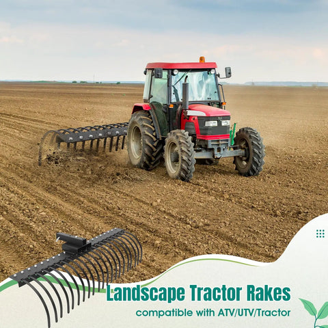 Heavy Duty 60 Inch Landscape Rock Rake With 3 Point Hitch And 360 Degree Rotation Tow Behind Yard Leveler For Compact Tractors Fits 2 Inch Receiver Category 1 Ideal For Lawns And Gardens Black attached to tractor