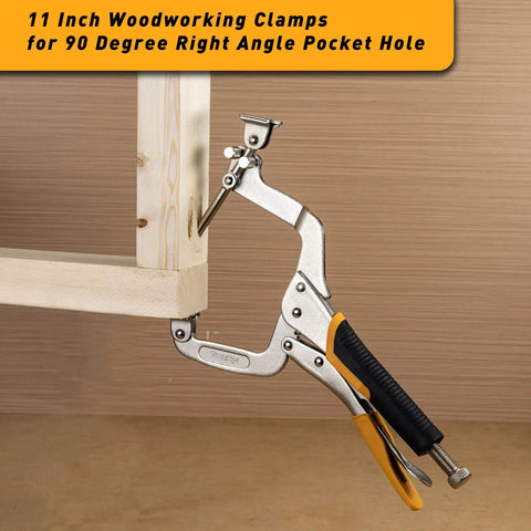Two Ways 11 Inch Pocket Hole Clamps securing wood frame at 90 degrees, metal face visible, adjustable pads shown in use.