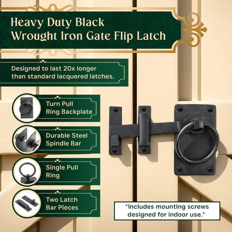 Black Wrought Iron Gate Ring Turn Latch Lock Set 6.5 Inch Wide Reversible Barn Door Catch on wooden gate background.