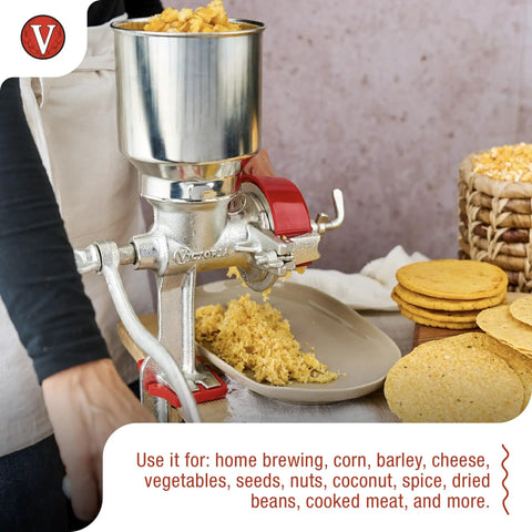 Manual Cast Iron Grain Mill With High Hopper For Fresh Corn Grinding And All Purpose Grains An Old School Hand Crank Grinder For Home Kitchen And Farm Use