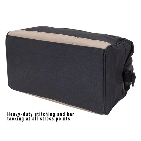 Bottom view of BigMouth 22 Pocket Tool Bag With Wide Opening 12 Inside Pockets And 10 Exterior Pockets Heavy Duty Build