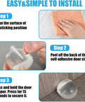 Installation steps for Heavy Duty Acrylic Door Stopper 4 Pack No Drill Sticky Wall Bumpers with clear instructions.