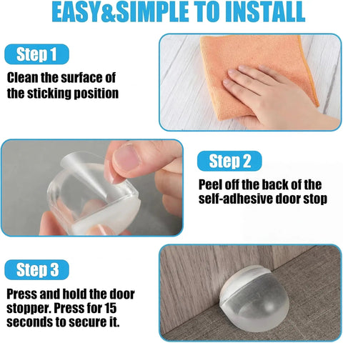 Installation steps for Heavy Duty Acrylic Door Stopper 4 Pack No Drill Sticky Wall Bumpers with clear instructions.