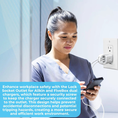 Lock Down Your Wall Outlet With This Tug Proof Charger Lock That Attaches Via Heavy Duty Security Screw to Block Sneaky Tugs and Keep Dual Charging Cables Locked Tight Forever, installed on wall.