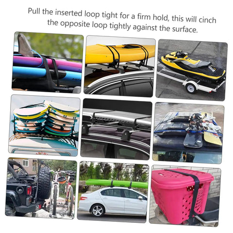 Various outdoor gear secured with 4 Pack Camping Duty Belts With Quick Release Straps for easy bundling on vehicles and trailers.
