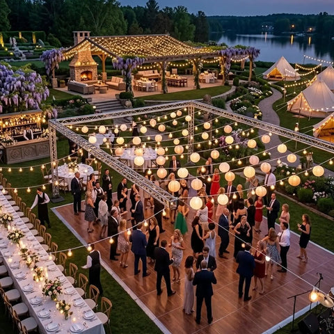 White Outdoor String Lights 50ft With 53 Glass Bulbs Waterproof Patio Lights for elegant wedding reception at dusk
