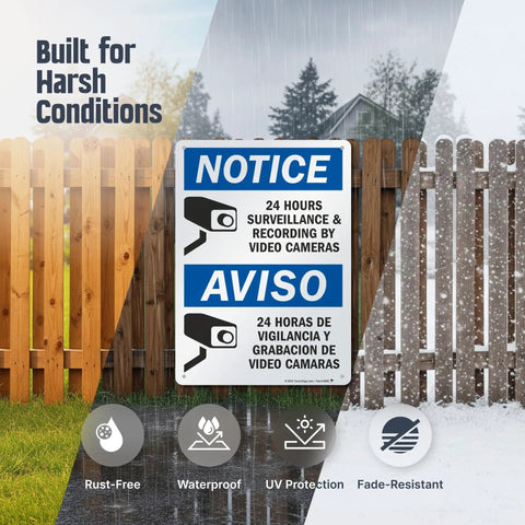 Skip The Drama Outside With Our 24 Hour Video Surveillance Sign 10X14 Inch Durable Aluminum Outdoor Security Plaque shown mounted on a fence.