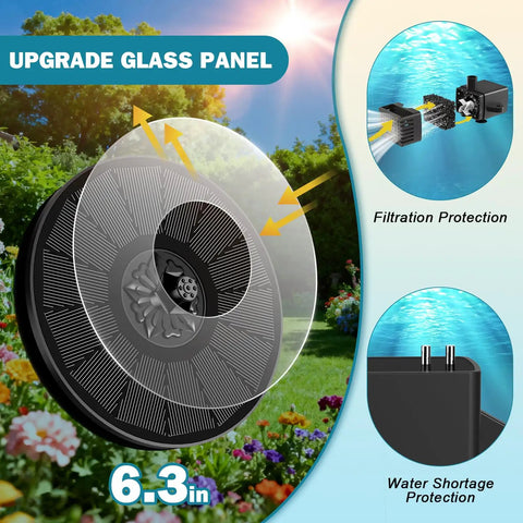 Solar Fountain Pump For Bird Bath And Garden, 3.5W Glass Solar Panel With 2000mAh Battery, Upgrade Glass Panel, 6.3in