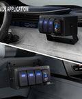 3 Gang Marine Rocker Switch Panel With 12V Dual USB Outlet PD Type C And QC3.0 LED Voltmeter Waterproof Night Glow Labels 20A 24V Rocker Switches For Boat RV Truck Auto And UTV on dashboard