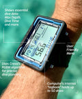 Raffaello Wrist Dive Computer With Built In Digital Compass, Durable Dive Tech, Easy Read Display, shown on a diver's wrist.