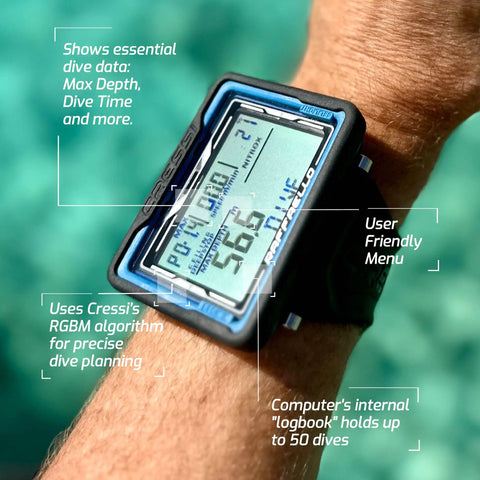 Raffaello Wrist Dive Computer With Built In Digital Compass, Durable Dive Tech, Easy Read Display, shown on a diver's wrist.